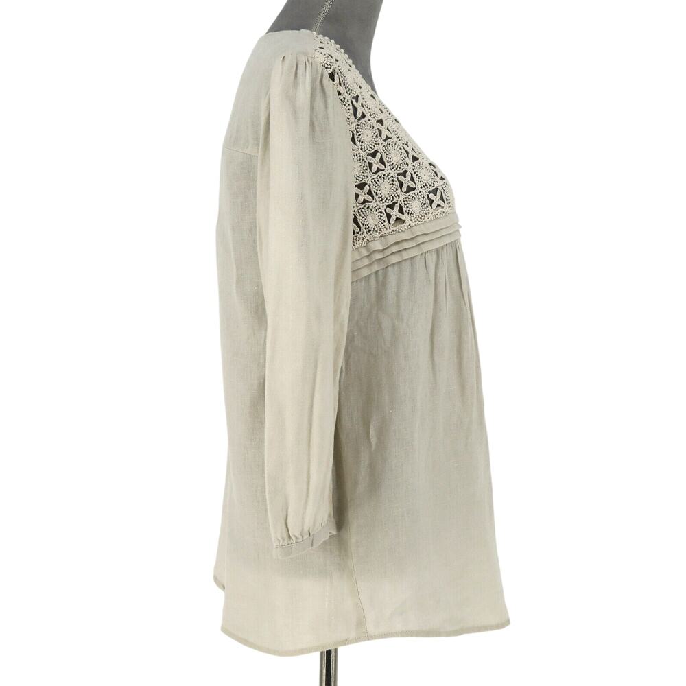 Malvin Top Womens 8 Medium Linen Beige Cotton Lace Front Blouse I Love Linen - Picture 5 of 13